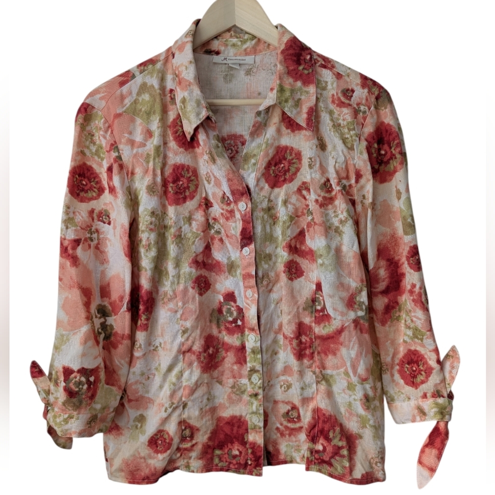 JM Collection 100% Linen Red Green White Floral Button-Down Shirt, size 14